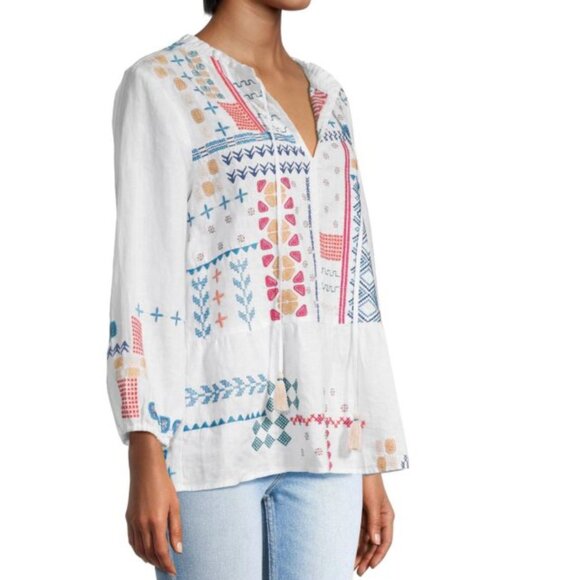 Johnny Was Embroidered Linen Katie Peplum Field Blouse White NWT - Picture 2 of 5